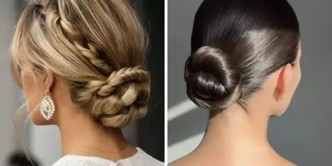 Dos peinados recogidos elegantes para una noche especial: uno trenzado rubio y otro pulido oscuro.