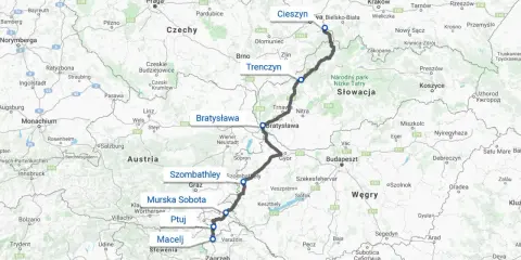 Trasa Polska-Chorwacja samochodem przez Czechy, Słowację i Węgry, z zaznaczonymi miastami Cieszyn, Trenczyn, Bratysława, Szombathely, Murska Sobota, Ptuj i Macelj.