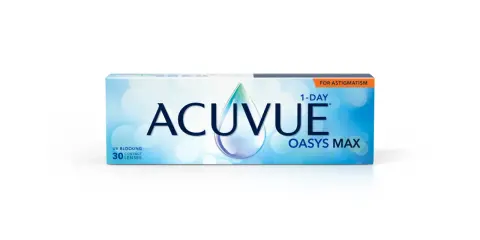 Opakowanie soczewek kontaktowych ACUVUE OASYS MAX 1-DAY dla astygmatyków. Poznaj soczewki kontaktowe plusy: komfort i wyraźne widzenie.