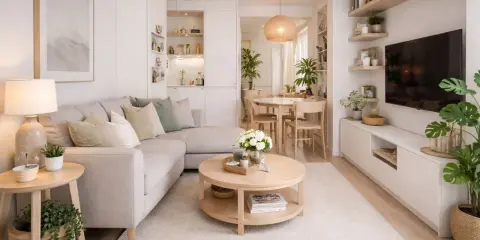 Un salón acogedor y luminoso, perfecto para el tiny living. Sofá modular, mesa de centro redonda y rincón de comedor.