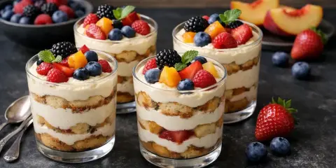 Quatre verrines de dessert minute sans cuisson, garnies de fruits rouges frais et de crème onctueuse.