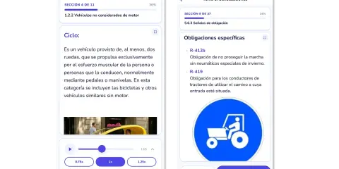 App de autoescuela a2 con lecciones sobre definiciones y señalizaciones.