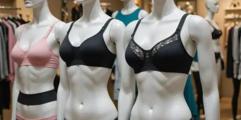 Manekiny prezentują biustonosze. Różowy i czarny, jeden z koronką. To jest bardotka co to za model?
