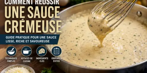 Un fouet soulève une sauce crémeuse et onctueuse d'une poêle. Guide pour réussir une sauce lisse et savoureuse.