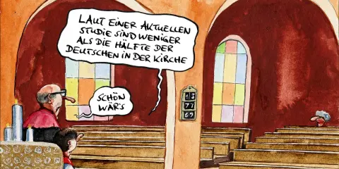 Ein Pfarrer und ein Kind in der Kirche. Der Pfarrer sagt: "Laut einer aktuellen Studie sind weniger als die Hälfte der Deutschen in der Kirche." Das Kind meint: "Schön wär's." Das ist doch mal Kabarett!