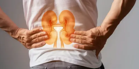 Mężczyzna trzyma się za plecy, gdzie widoczne są podświetlone nerki. Może to symbolizować **ból nerek w nocy**.