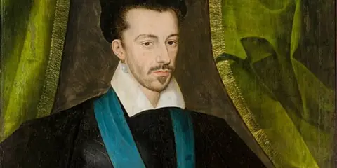 Portret Henryka, króla polskiego, w czarnym stroju z błękitną szarfą i białym kołnierzem.