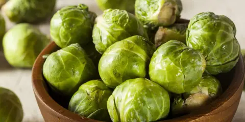 Un bol en bois rempli de choux de Bruxelles frais et verts. Ces petits légumes verts sont prêts à être cuisinés.