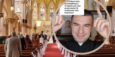 W kościele trwa ślub. W okręgu ksiądz odpowiada na pytanie: "kto nie może być świadkiem na ślubie kościelnym?".