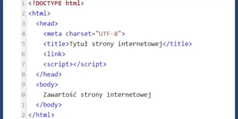 Fragment kodu HTML, który definiuje podstawową strukturę strony internetowej. Widoczny jest formularz HTML z tagami.