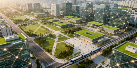 Modellprojekte Smart Cities: Grüne Dächer, vernetzte Gebäude und eine moderne Bahn prägen diese futuristische Stadtlandschaft.