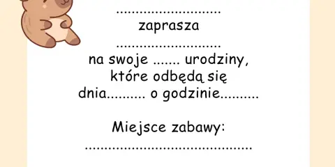 Urocze zaproszenie na urodziny dziecka do druku z misiem. Zaprasza na swoje urodziny, podaj datę, godzinę i miejsce zabawy.