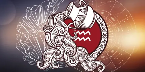 Symbol wodnika znaku zodiaku, z dzbanem i falami, na tle kryształów i koła zodiaku.