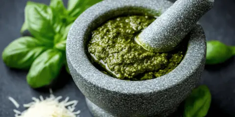 Mortier en pierre rempli de pesto maison, avec du basilic frais et du parmesan râpé à proximité.
