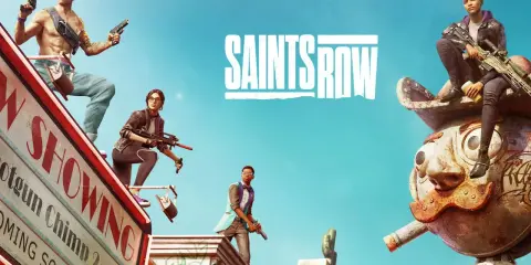 Postacie z gry Saints Row pozują z bronią na tle neonowego miasta.