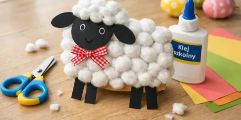 Urocza owieczka z waty, idealna do wielkanocnych rysunków i ozdób. Obok nożyczki, klej i kolorowe papiery.