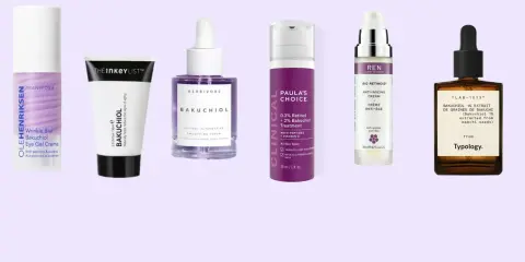Six produits de soin pour la peau, dont des sérums et crèmes, affichant "Bakuchiol" pour un effet avant après visible.