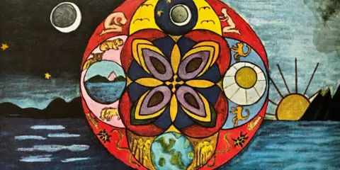 Mandala z symbolami dnia i nocy, ziemi i nieba, przypominająca karty **as kielichów tarot**.