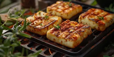 Halloumi grillé, parsemé d'épices, sur une grille avec des flammes en dessous. Un délice croustillant, parfait pour l'air fryer.