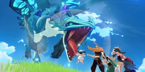 Des personnages affrontent un dragon bleuoyant dans ce jeu mobile gratuit. Une scène épique qui prouve que les meilleurs jeux mobile gratuit sont pleins d'action !