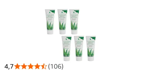 Siedem tubek pasty do zębów aloesowej Forever Bright Toothgel, z wizerunkiem aloesu i miętowym smakiem.