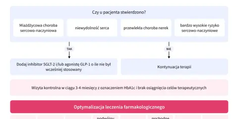 Schemat optymalizacji leczenia cukrzycy typu 2. Wskazuje, kiedy dodać lek na cukrzycę (inhibitor SGLT-2/agonistę GLP-1) lub kontynuować terapię.