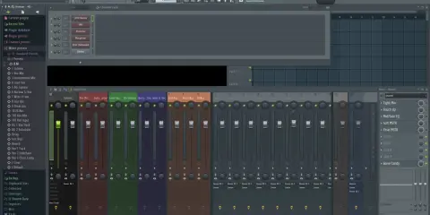 Interface de FL Studio pour un tuto : vue du mixeur avec des pistes nommées (Submix, Vox Mix, etc.) et des plugins.