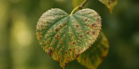 Feuille de tilleul atteinte de taches brunes, symptôme d'une maladie. Photos de maladie du tilleul.