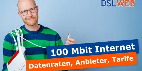 Mann mit Router und Kabeln fragt: sind 100 Mbits gut? Infos zu Tarifen und Anbietern.