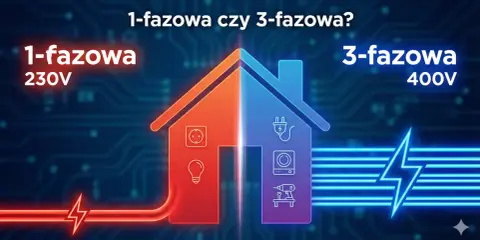 Dom podzielony na dwie części: 1-fazową (230V) z gniazdkiem i żarówką, oraz 3-fazową (400V) z wtyczką, pralką i wiertarką. Wybór faz elektrycznych.