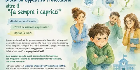 Un bambino di 1 anno con espressione arrabbiata, circondato da genitori preoccupati. Il testo parla di bambini iperattivi e disturbo oppositivo provocatorio.