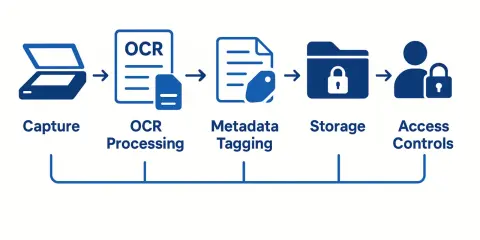 Flux de gestion documentaire : capture, traitement OCR, mise en place d'un index (métadonnées), stockage et contrôles d'accès.