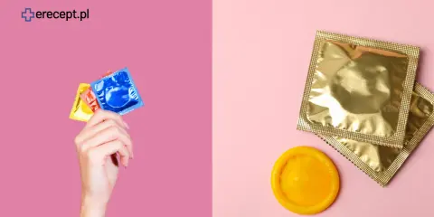 Dłoń trzyma kolorowe prezerwatywy. Obok złote opakowania i żółta prezerwatywa. Pytanie: tadalafil a alkohol?