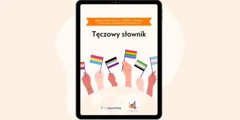 Tęczowy słownik: lista pojęć i definicji dotyczących tożsamości płciowych. Różne flagi symbolizujące społeczność LGBTQ+ wzniesione przez dłonie.