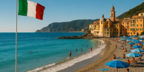 Włoska flaga powiewa nad plażą w Ligurii. Słońce, morze i ludzie cieszący się wakacjami we Włoszech.