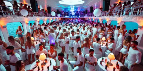 Festa in bianco a bordo della MSC Divina, con centinaia di persone che ballano e si divertono in un'atmosfera vibrante.