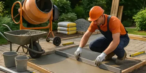 Un ouvrier utilise une règle de maçon pour niveler du béton fraîchement coulé. Il est en train de travailler sur le temps pour couler 1m3 béton seul.