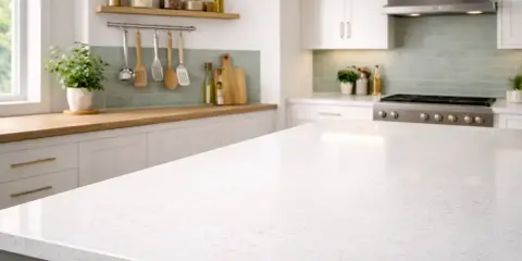 Un plan de travail de cuisine blanc et spacieux, idéal pour organiser vos ustensiles et préparer vos repas.