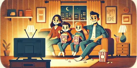Rodzina ogląda telewizję, jedząc popcorn. Idealny wieczór z serialami do nauki angielskiego.