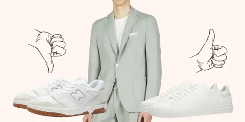 Stylizacja z marynarką i sneakersami. Po lewej sportowe, po prawej eleganckie. Kciuk w górę dla tych drugich.