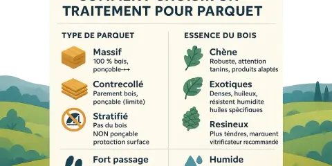 Guide pour choisir quel produit pour traiter le bois de parquet : types de parquets (massif, contrecollé, stratifié, fort passage) et essences de bois (chêne, exotiques, résineux, humide).