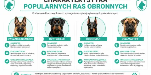 Cztery popularne rasy psów obronnych: owczarek niemiecki, rottweiler, doberman i bullmastiff. Te **małe psy** (w porównaniu do innych ras obronnych) mają różne cechy charakteru i wymagania.