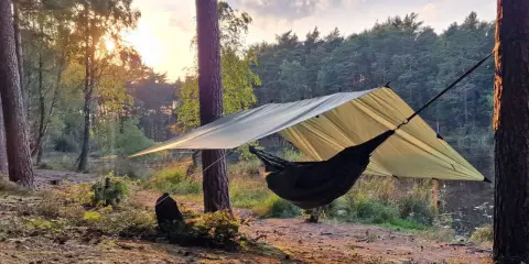 En hängmatta hänger under ett stort vindskydd presenning i en skog vid solnedgången.