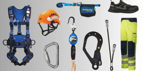 Equipo de seguridad para epis taller: arnés, casco, mosquetones, anticaídas, calzado y pantalón de alta visibilidad.