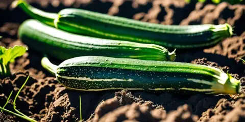 Trois courgettes vertes, fruits ou légumes, reposent sur la terre. Leurs rayures claires et leurs points blancs ressortent sur le sol brun.