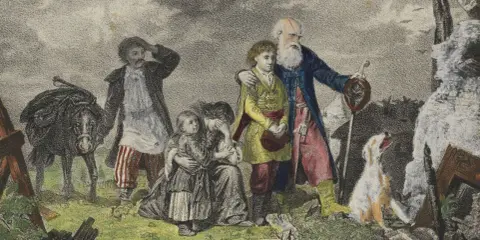 Rodzina w drodze, być może uciekająca przed jasyr. Dzieci płaczą, towarzyszy im pies i osiołek.