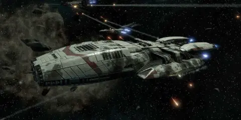 Bitwa kosmiczna w stylu Battlestar Galactica Deadlock. Statek zwiadowczy otoczony asteroidami, w tle widać inne jednostki i ślady walki.