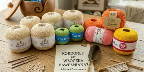 Różne rodzaje włókien: bawełniane kordonki i włóczki w pastelowych kolorach, przybory do szydełkowania i druty.