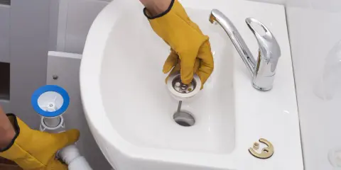Manos enguantadas instalan el desagüe para cambiar el sifón del lavabo.