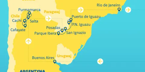Mapa Brazylia z zaznaczonymi trasami podróży przez Argentynę, Boliwię, Paragwaj i Brazylię, z miastami jak Buenos Aires, Salta, Puerto Iguazu i Rio de Janeiro.